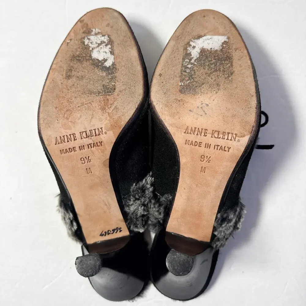 Vintage Anne Klein New York Black Suede Faux Fur Mule Heels Italy 90s Y2K 9.5